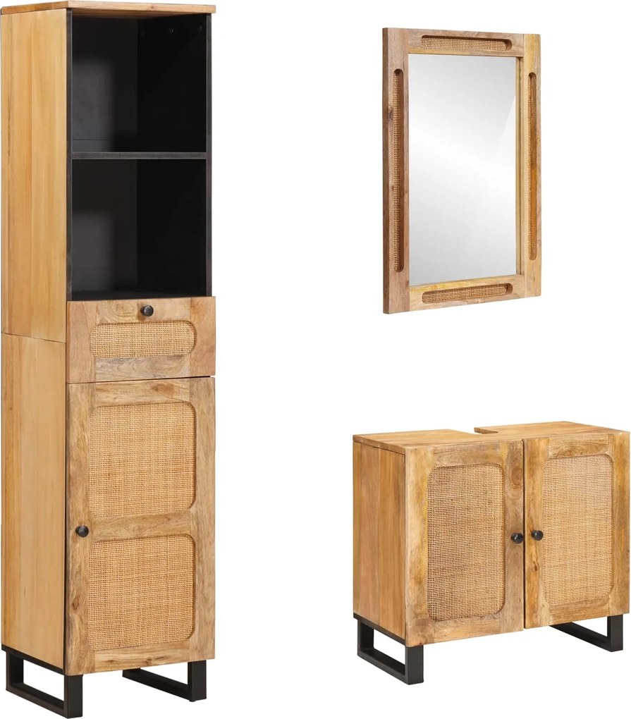 vidaXL Fürdőszoba szettek fiókkal 3 pcs Természetes Tömör Mangófát
