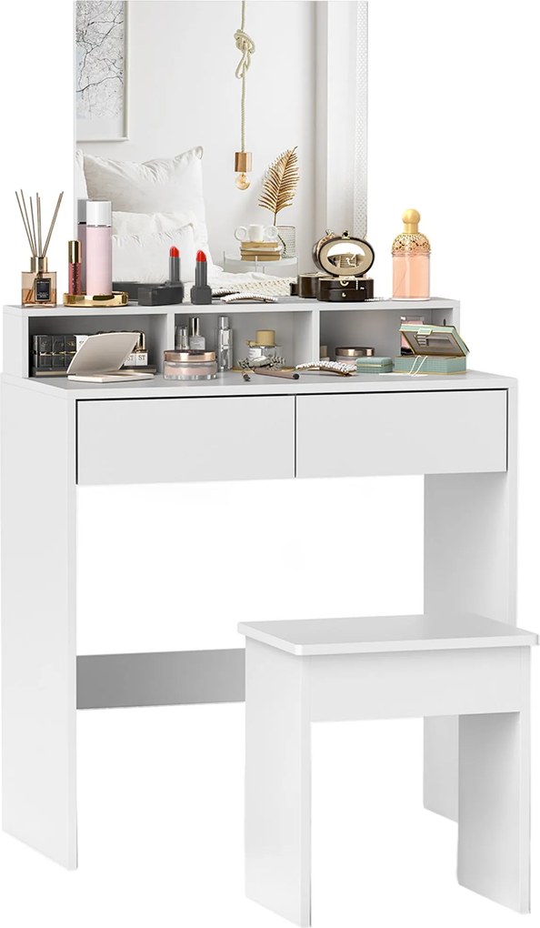 HOMCOM Sminkasztal Székekkel, Tükörrel, 3 Polccal, 2 Fiókkal, Modern Fa Sminkasztal, 75x38x135 cm, Fehér | Aosom