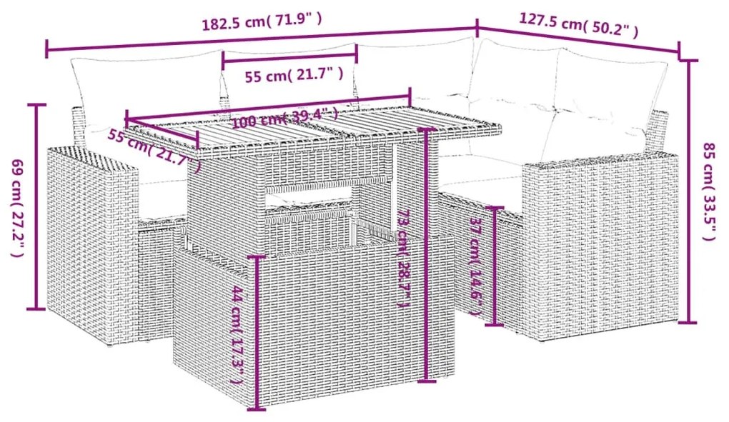 5 részes fekete polyrattan kerti kanapészett párnákkal