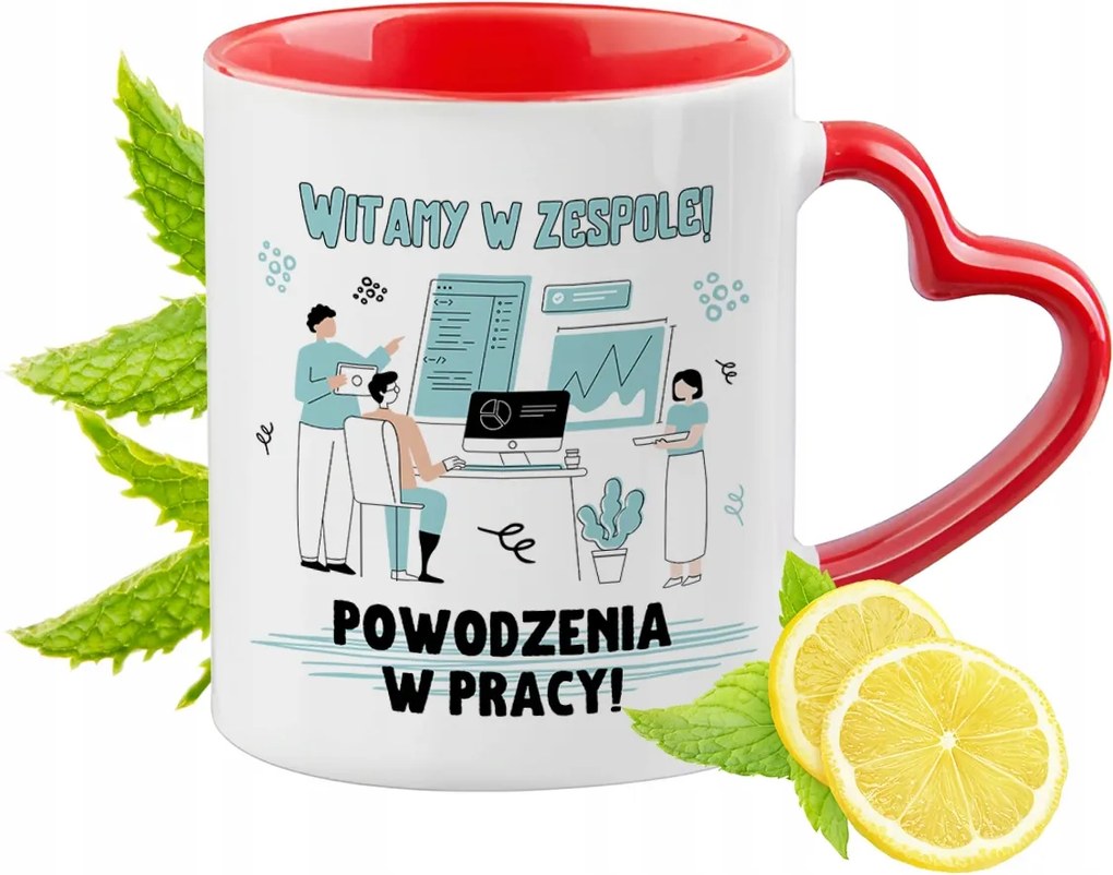 Köszöntő a munkahelyen Piros bögre szív alakú füllel Ajándék