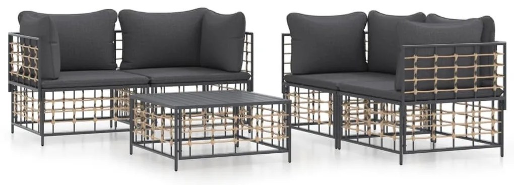 5 részes antracitszürke polyrattan kerti ülőgarnitúra párnákkal