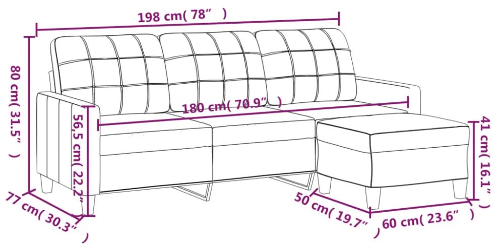3 személyes kávészínű műbőr kanapé lábtartóval 180 cm