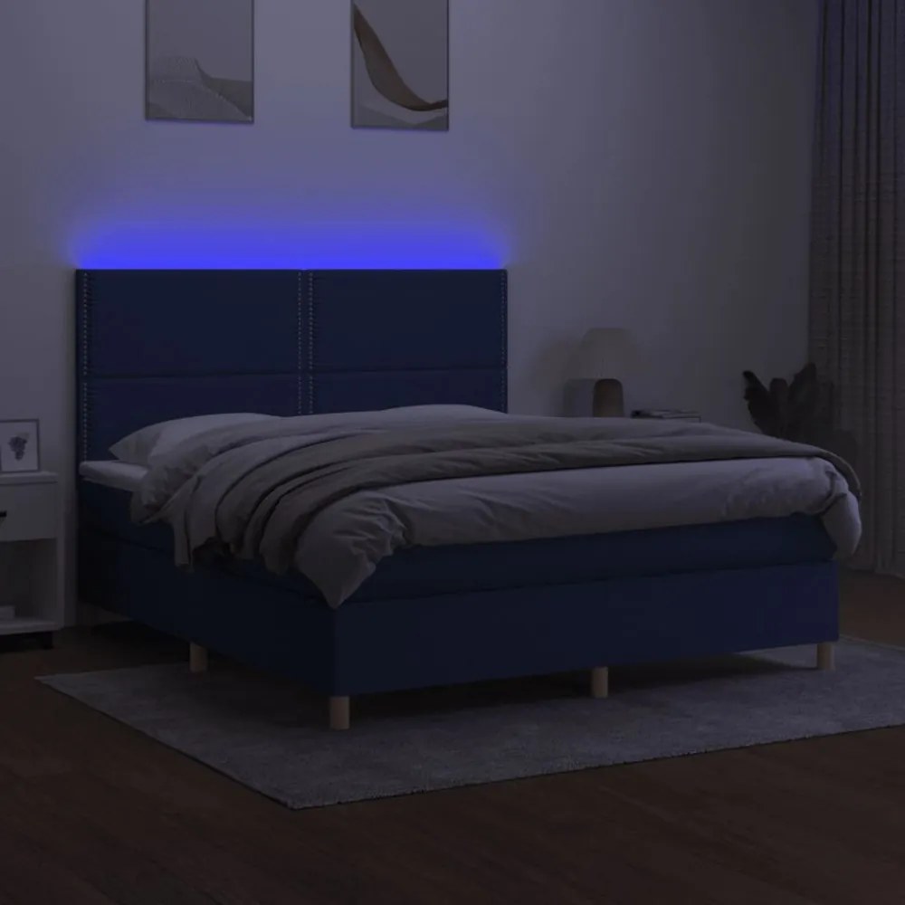 kék szövet rugós és LED-es ágy matraccal 160x200 cm