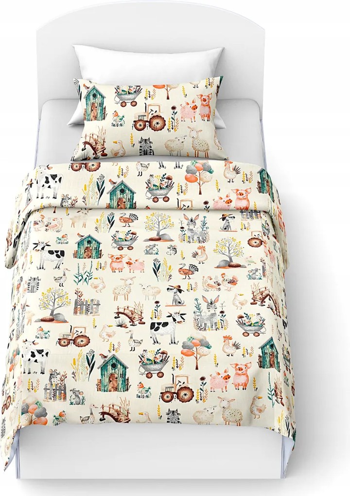 Pamut ágynemű bölcsőhöz HAPPY FARM fehér Ágyneműhuzat mérete: 45 x 65 cm | 90 x 135 cm