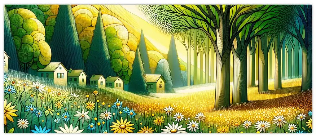 Kép - Falu sárga-zöld színekben (120x50 cm)