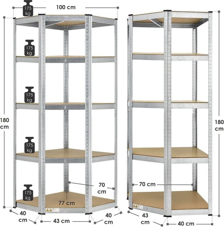 Sarokpolc garázsba 5 polc 180 x 70 x 40–70 cm 875 kg