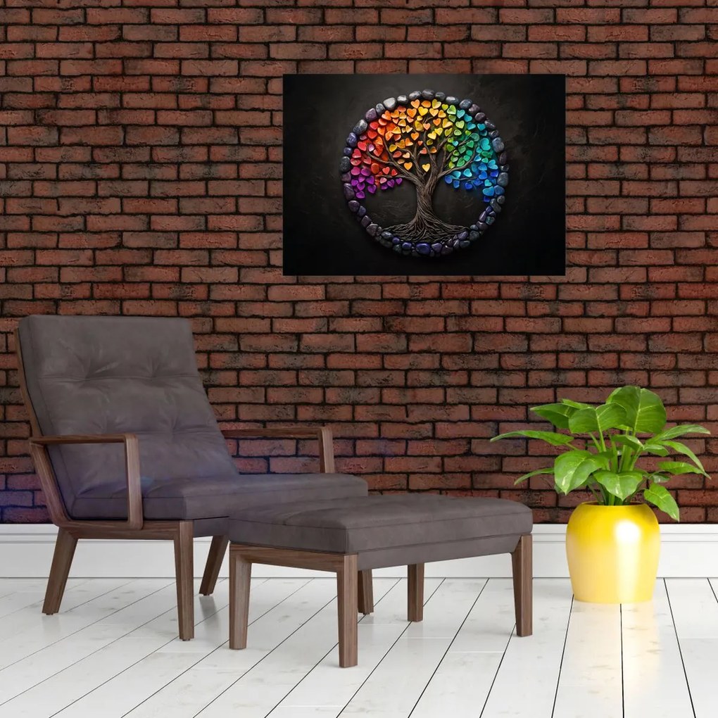 Üveg kép – Fa színes szívekkel (70x50 cm)
