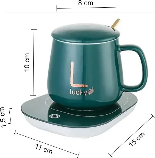 Kerámia bögre készlet elektromos melegítővel ajándékdobozban - Lucky - zöld