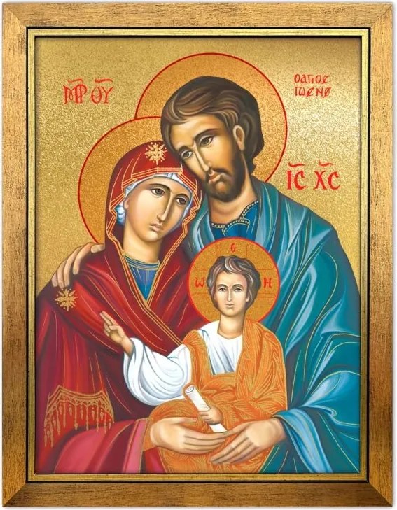 Vászonkép 36x46cm Szent Család, aranyozott szirmú, arany keret