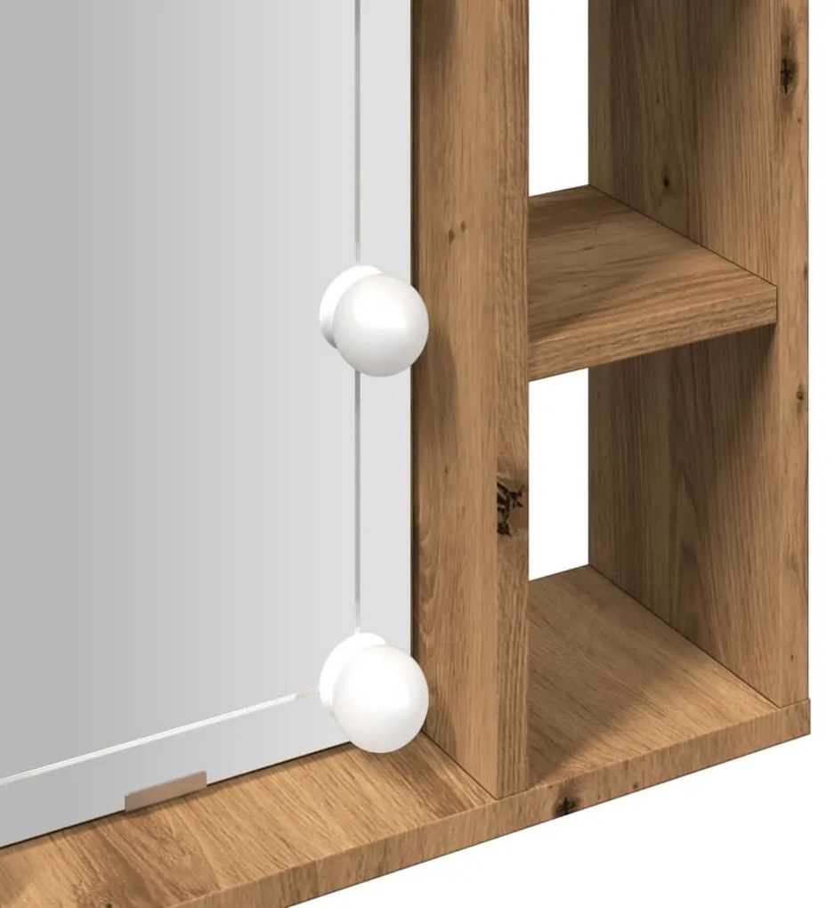 kézműves tölgy szerelt fa tükrös szekrény LED-ekkel 76x15x55 cm