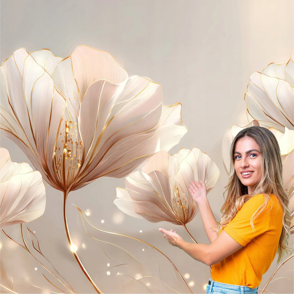 Fotótapéta Nappali Hálószoba Levelek Absztrakt Arany Bézs 588x260 LAZB06W