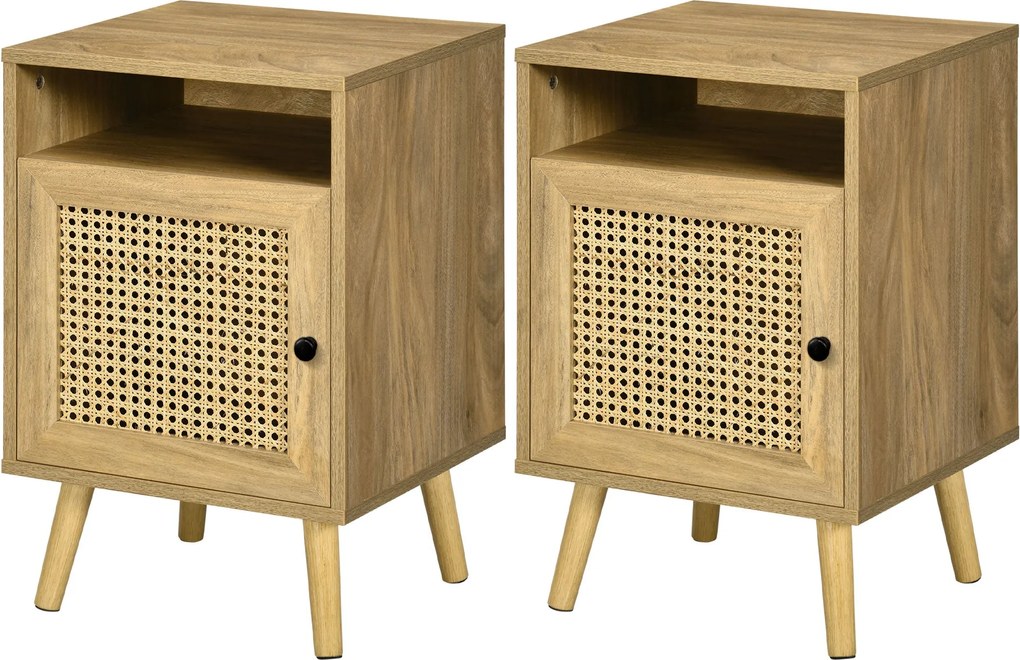 HOMCOM 2 darabos Éjjeliszekrény Szett Rattan Ajtóval, Nyitott Polcos Éjjeliszekrények, 39x35x60 cm, Természetes | Aosom
