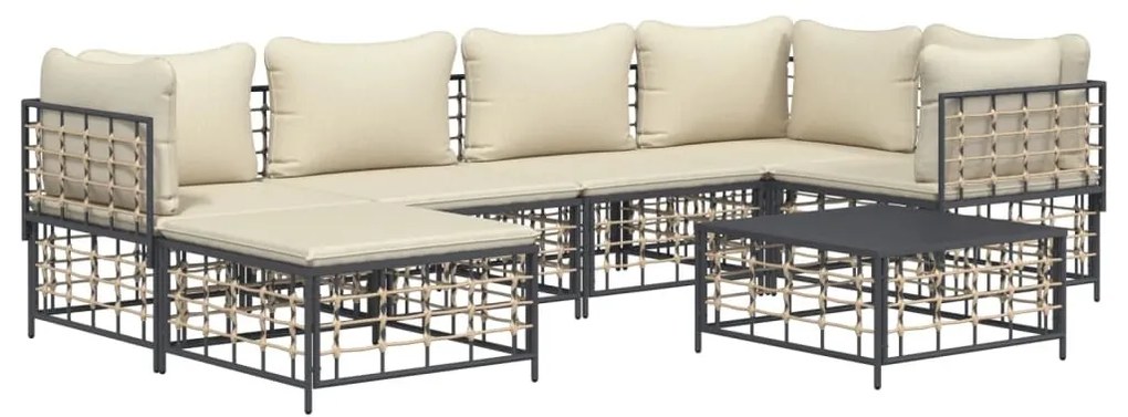 7 részes antracitszürke polyrattan kerti ülőgarnitúra párnákkal