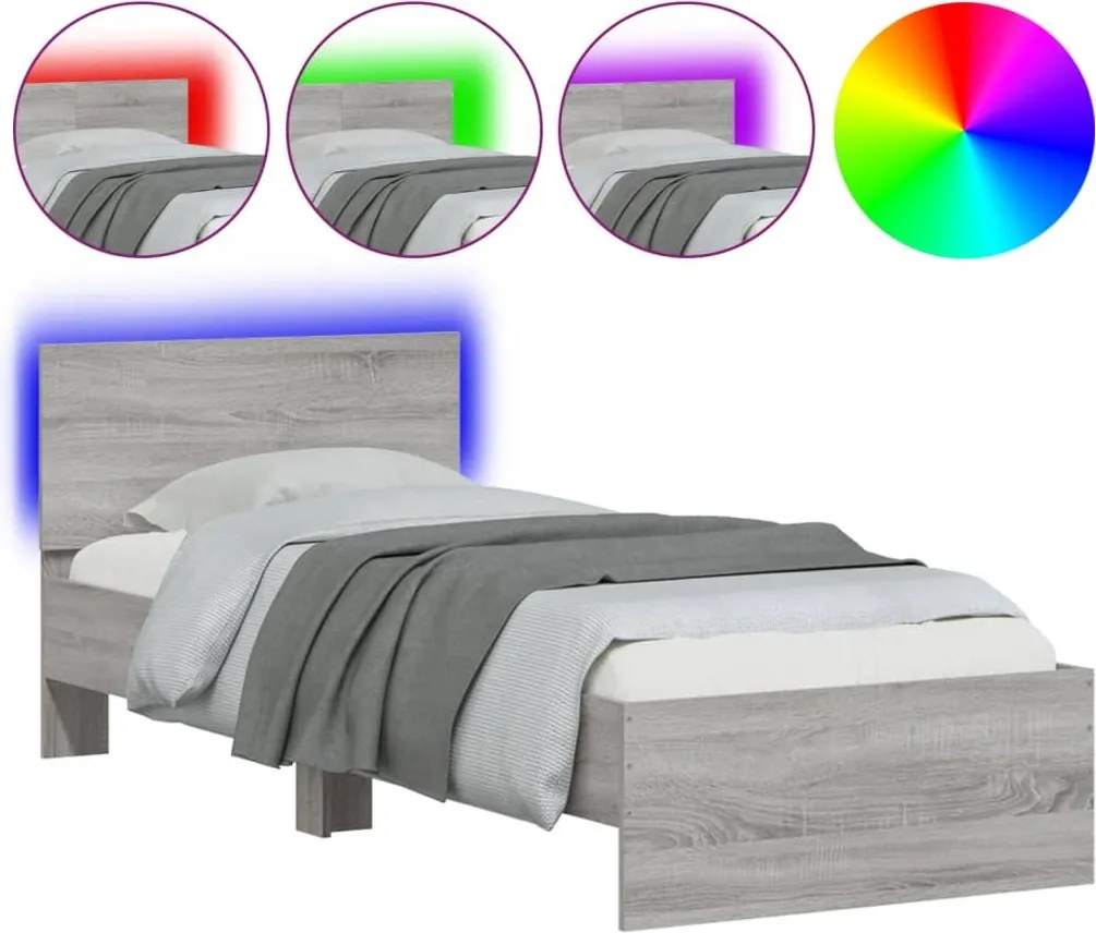 vidaXL szürke sonoma színű ágykeret fejtámlával és LED-ekkel 90x200 cm