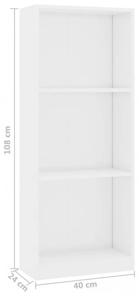 3 szintes fényes fehér szerelt fa könyvszekrény 40x24x109 cm