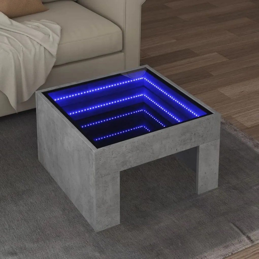Betonszürke végtelen hatású LED-es dohányzóasztal 50x50x30 cm