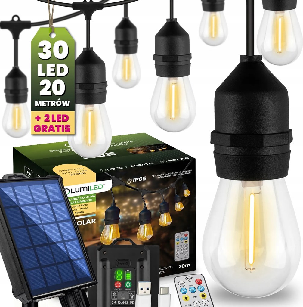 Napelemes kerti fényfüzér 10M 15LED Izzó E27 Távirányító Vízálló