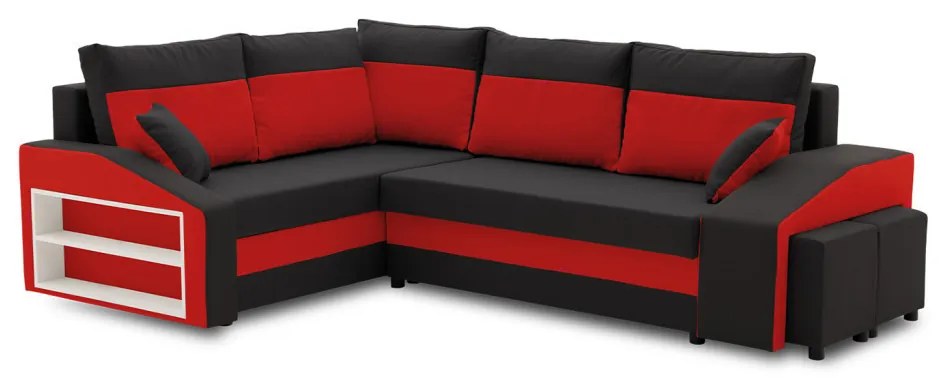 Grande sarokkanapé polcokkal és puffokkal , polc a bal karfaban puffok a jobb karfaban, baloldali, szövet anyag, bonell töltet, fekete - piros
