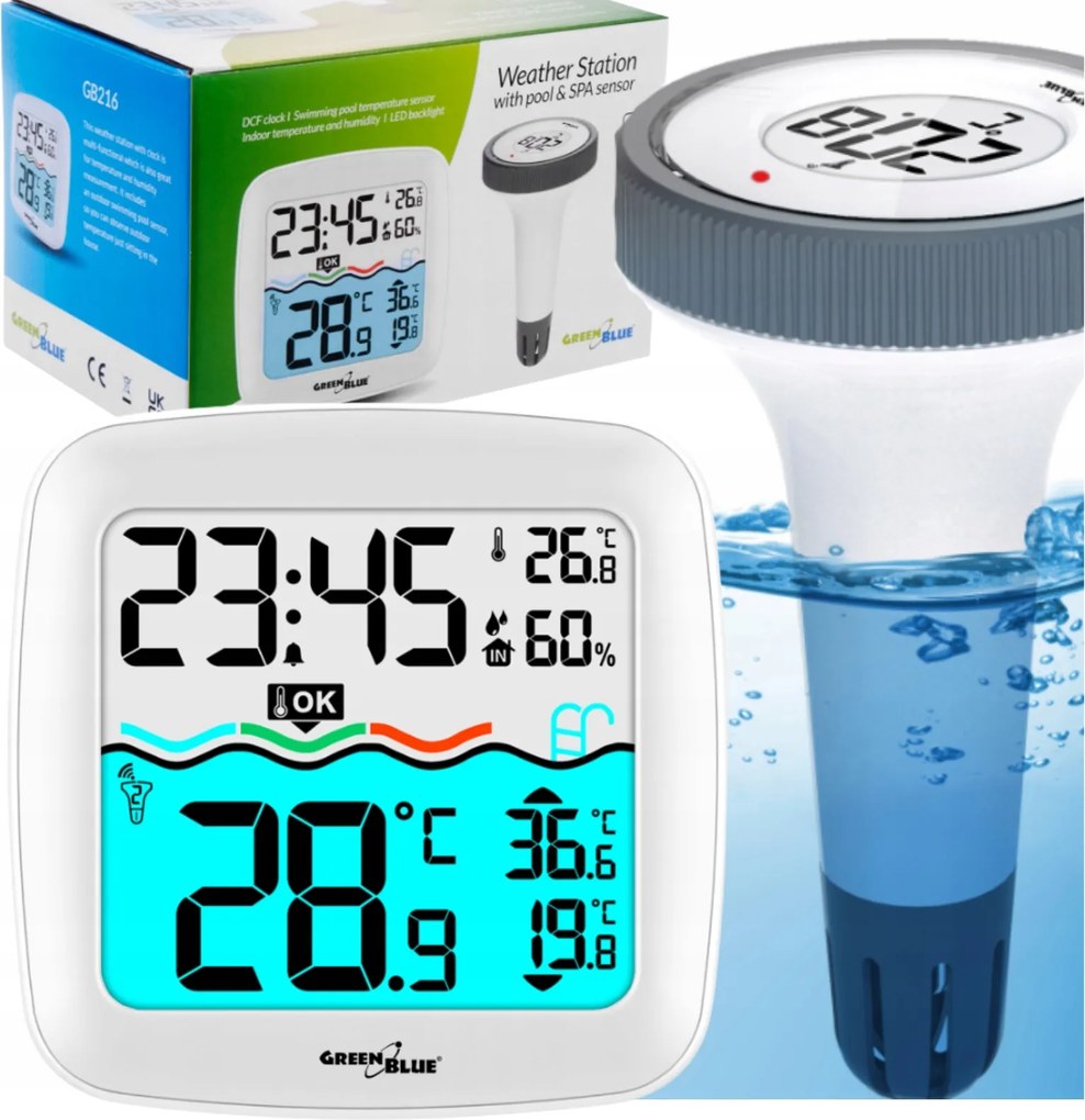 Medence Hőmérő Vezeték nélküli medence Led monitorral, időjárás állomással