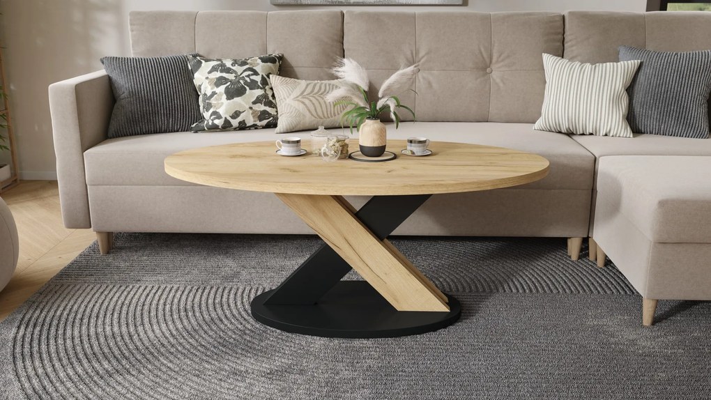 Mazzoni LOXA ovális dohányzóasztal Craft Arany Tölgy / Fekete - DOHÁNYZÓASZTAL 120x65 cm