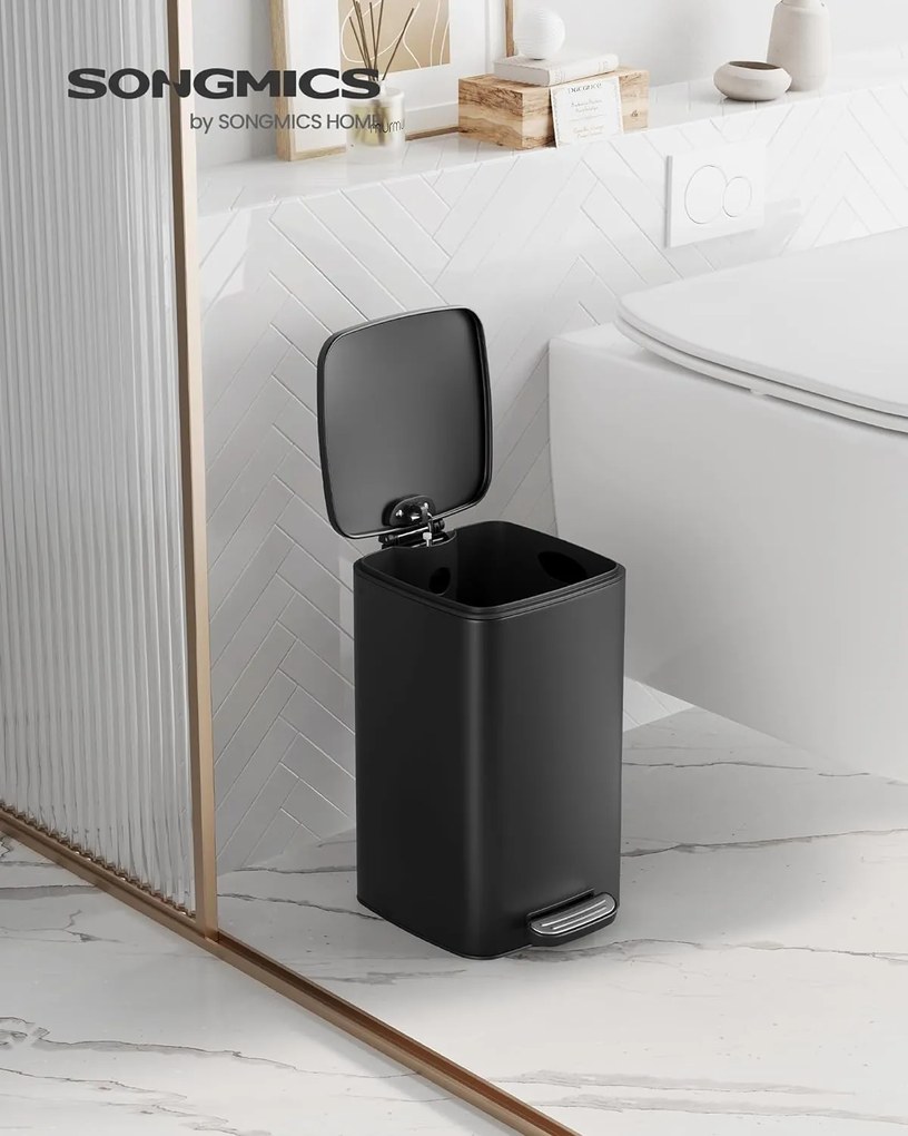 Fürdőszobai szemetes tetővel, 8l, kis helyekre, soft close, acél, fekete