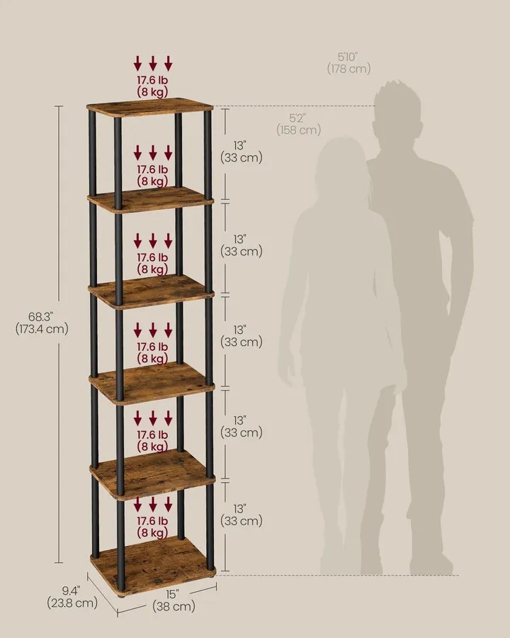 Szerszám nélküli, gyorsan összeszerelhető, 6 polcos tárolószekrény, barna/fekete