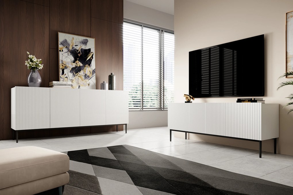 Nicole komód 200 cm négyajtós, mart előlapos - matt fehér / fekete lábak