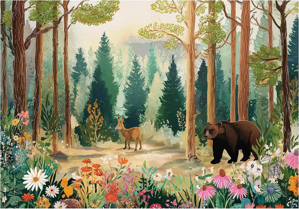 Fotótapéta erdő zöld barna szarvas és medve gyerekeknek a szobába