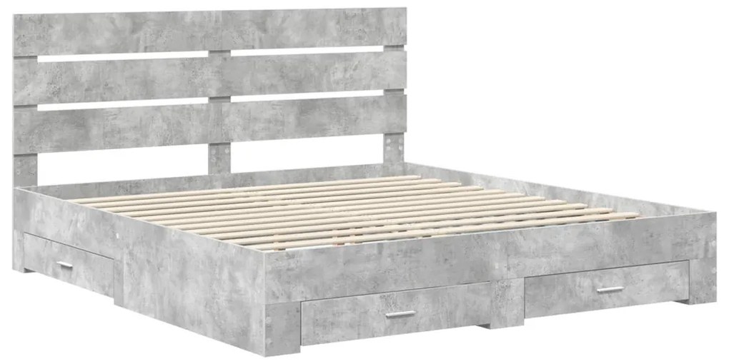 vidaXL Ágykeret fiókkal fejtámlával Beton Szürke 200 x 200 cm Faanyag
