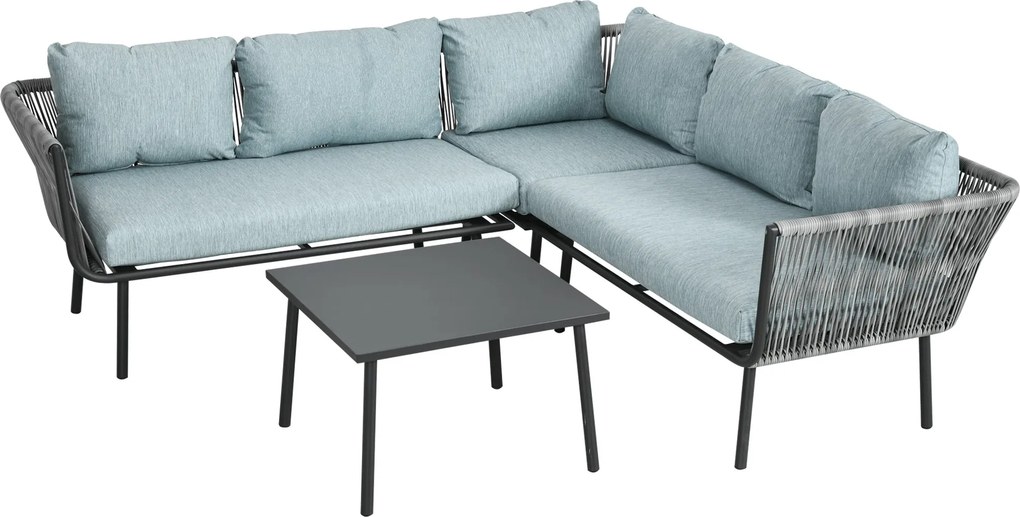 Outsunny 4 részes Rattan Kerti Bútor Szett, Ülőgarnitúra Párnákkal, 2 Dupla Kanapé, 1 Sarokkanapé, 1 Kávézóasztal, Kerti Szett Erkélyre, Teraszra, Alu