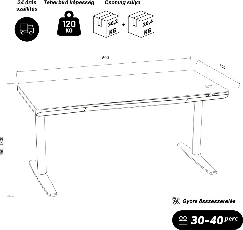 Elektromos ülő-álló íróasztal fiókkal és Qi vezeték nélküli töltővel fekete/dió, 1600 mm: ELLIS