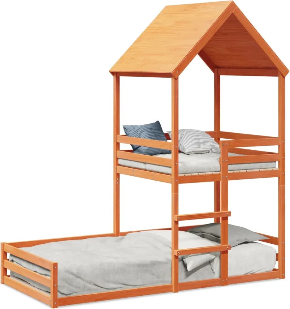 vidaXL viaszbarna tömör fenyőfa ágy emelettel és tetővel 80 x 200 cm