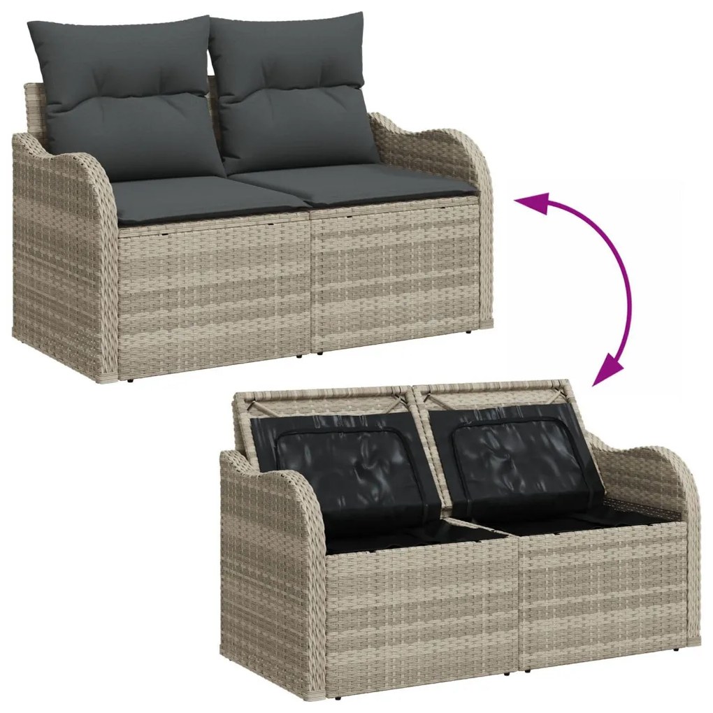 7 részes kerti kanapé szett párnákkal szürke Poly Rattan, 2 fős kerti kanapé tárolóval és párnákkal világosszürke Poly Rattan