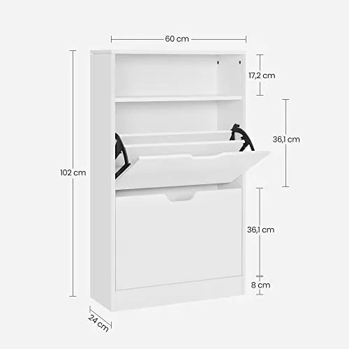 Cipőtartó 2 lenyitható rekesszel, nyitott tárolóval, 24 x 60 x 102 cm, felhő fehér
