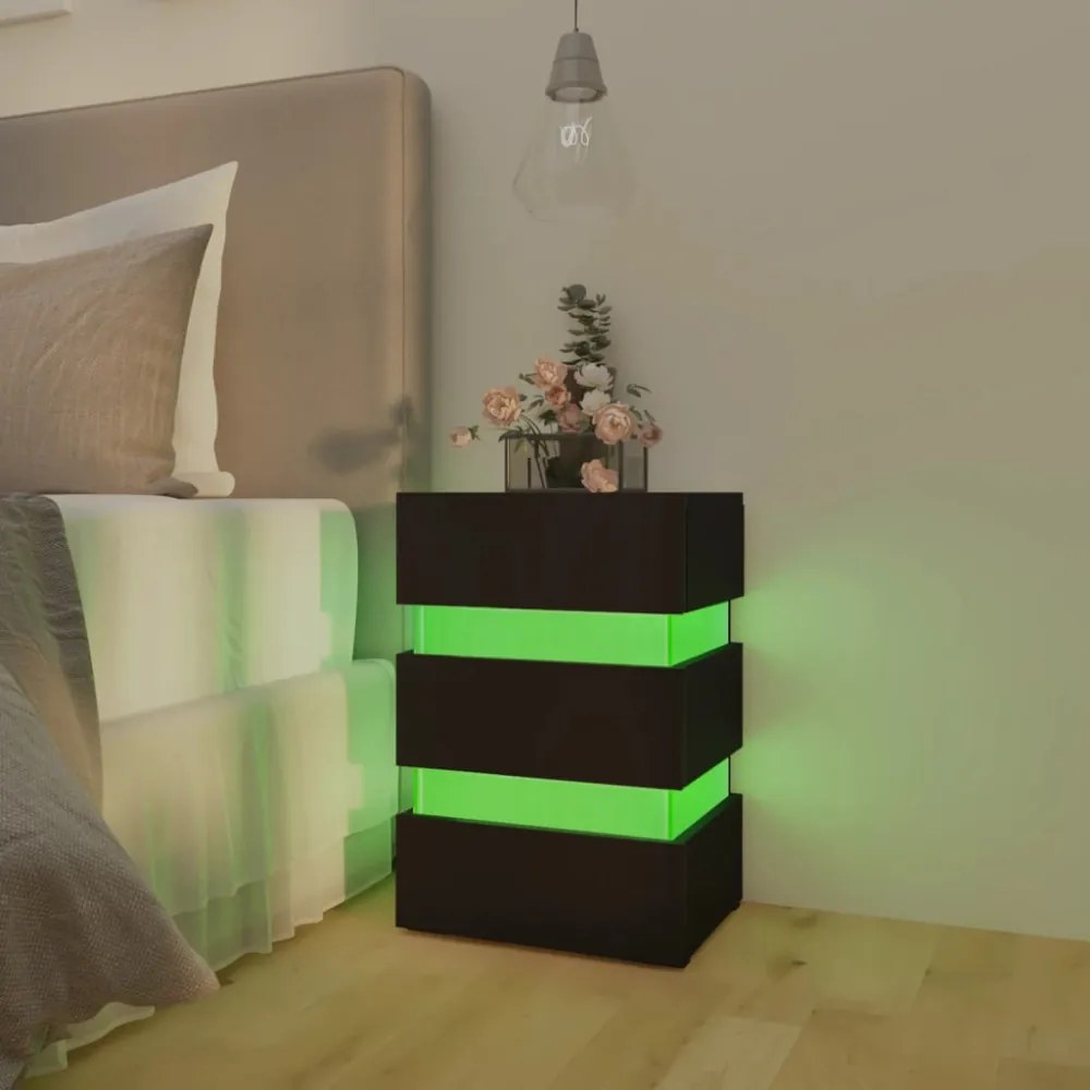 fekete szerelt fa LED-es éjjeliszekrény 45 x 35 x 67 cm