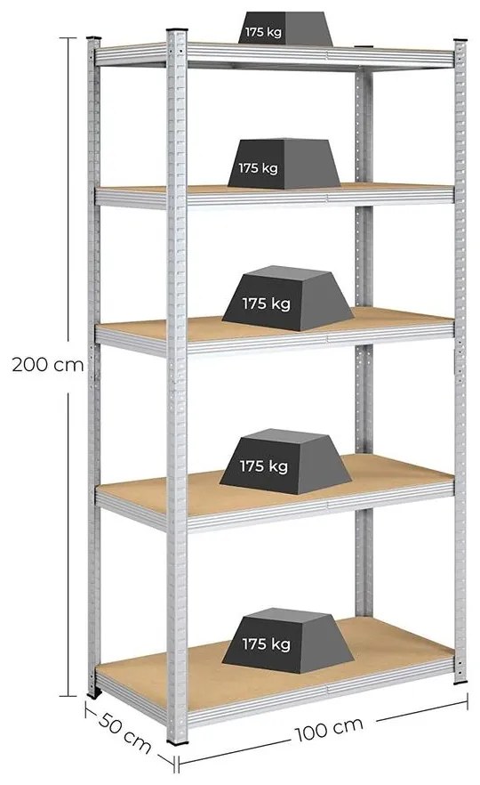 5 szintes salgó polc, nagy Fém tároló polc, ezüst