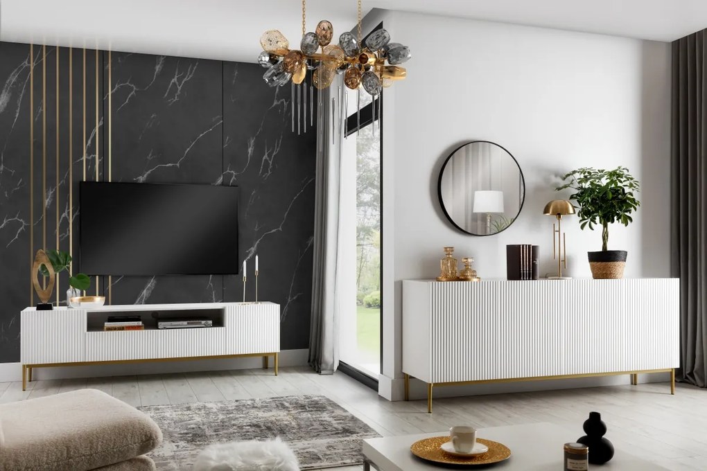 Nicole TV-szekrény 200 cm nyitott polccal és fiókokkal - matt fehér / arany lábak