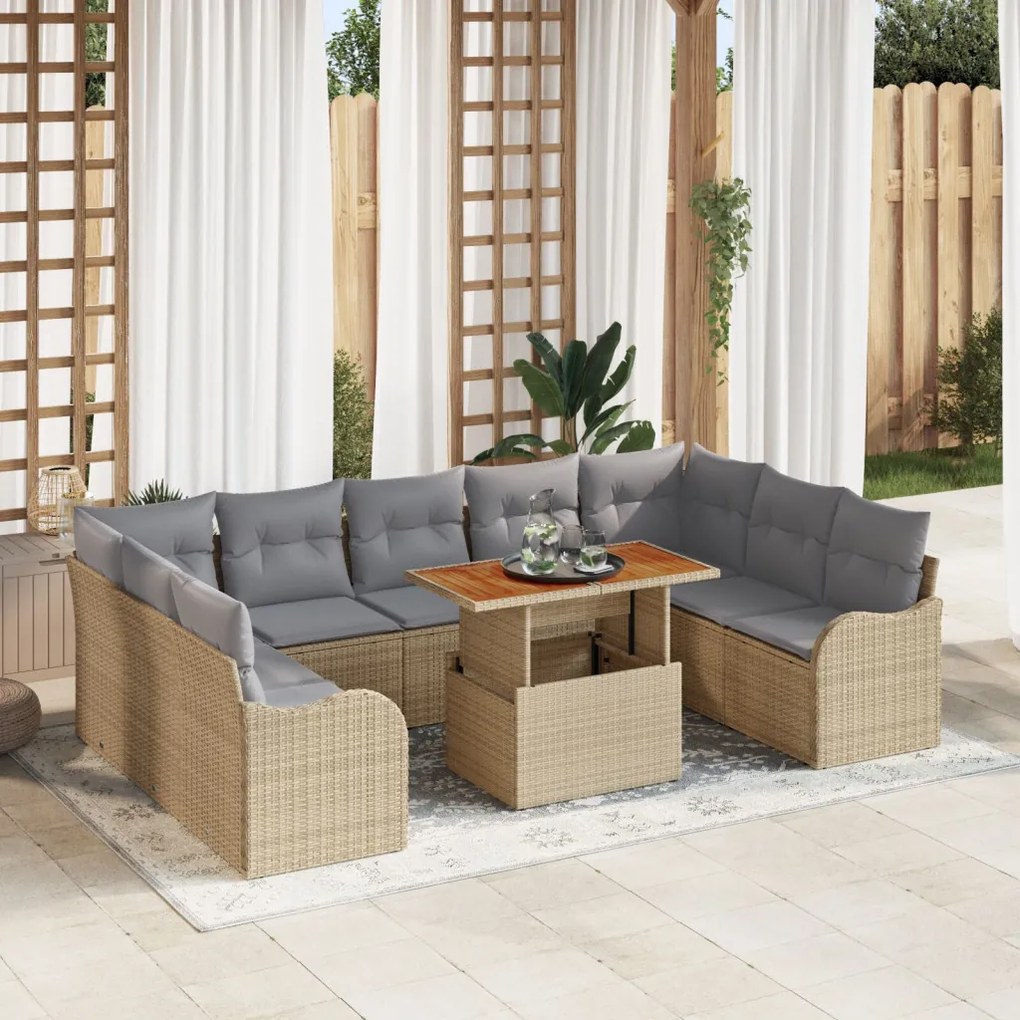 10 Darabos Kerti Kanapé Szett Párnákkal Bézs Poly Rattan Akáccal, 2 Fős Kerti Kanapé Párnákkal Bézs Poly Rattan