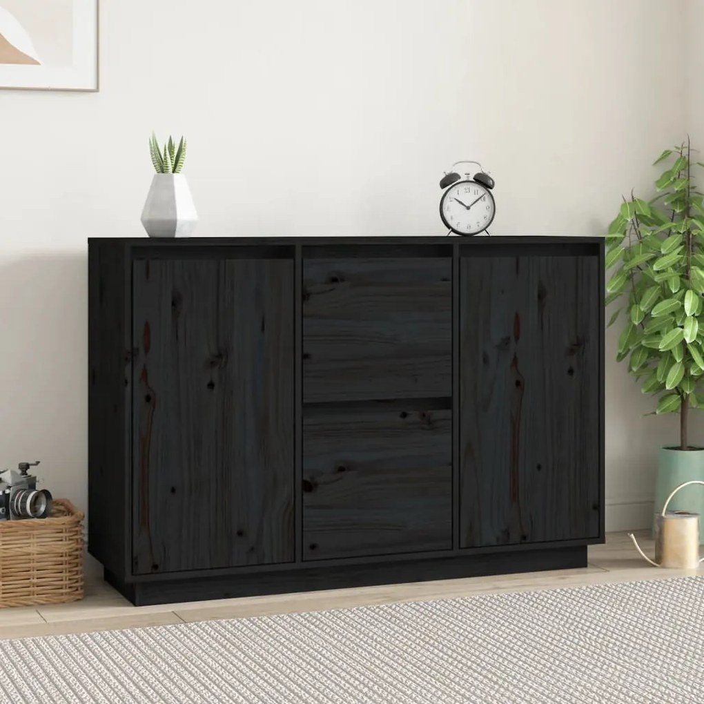 fekete tömör fenyőfa tálalószekrény 111 x 34 x 75 cm