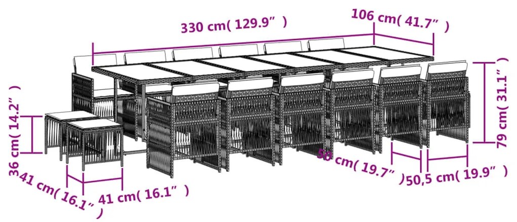 vidaXL 17 részes szürke polyrattan kerti étkezőgarnitúra párnával