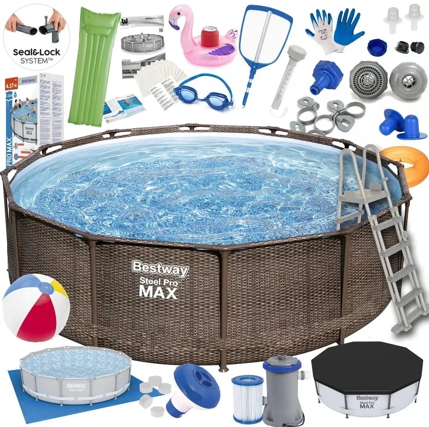 Rattan hatású fémvázas medence szett Bestway Steel Pro Max, 366x100cm 26in1