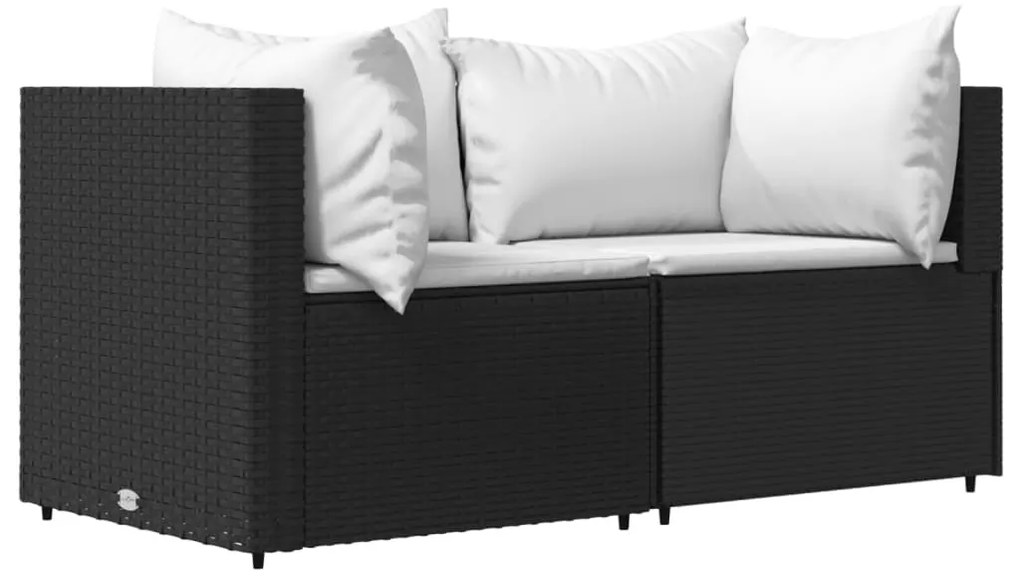 2 db fekete polyrattan kerti sarokkanapé párnákkal