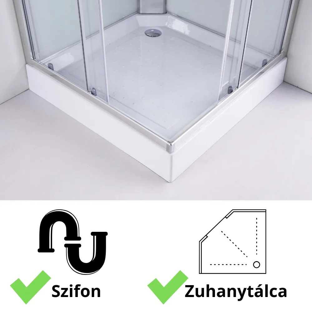 Stuxi Genova 80x80 cm szögletes két tolóajtós fehér hátfalas zuhanykabin 5 mm üveggel zuhanytálcával és csapteleppel