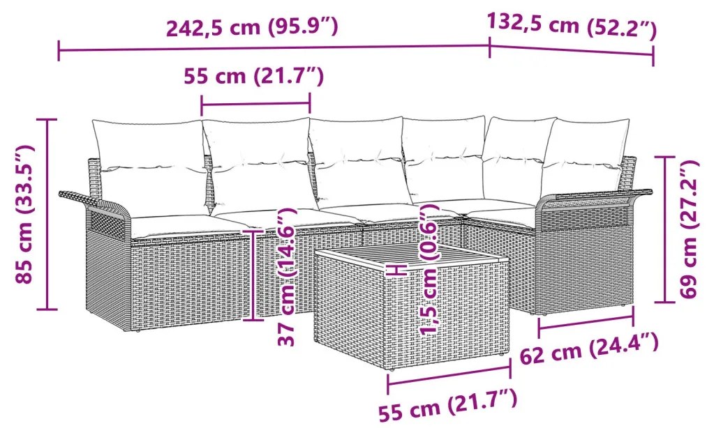 6 Darabos Kerti Sofa Szett Párnákkal Fekete Poli Rattan Akácia