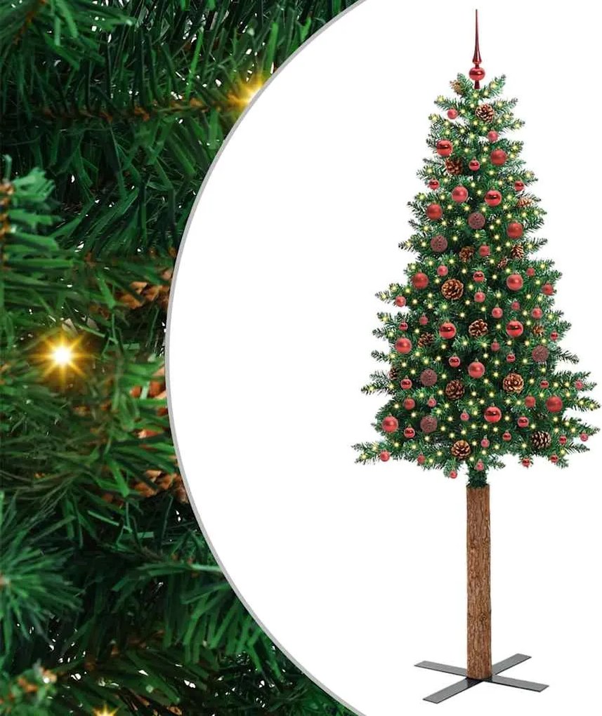 vidaXL Karcsú karácsonyfa 300 LED-del Zöld 210 cm PVC és tömör fenyőfa