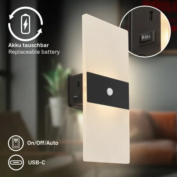 Briloner 3888015 - AURA LED újratölthető fali lámpa érzékelővel 2,5W/5V 1800 mAh fekete