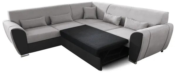 VISEU L-alakú, balos, kihúzható sarokkanapé tárolóval — szürke/fekete