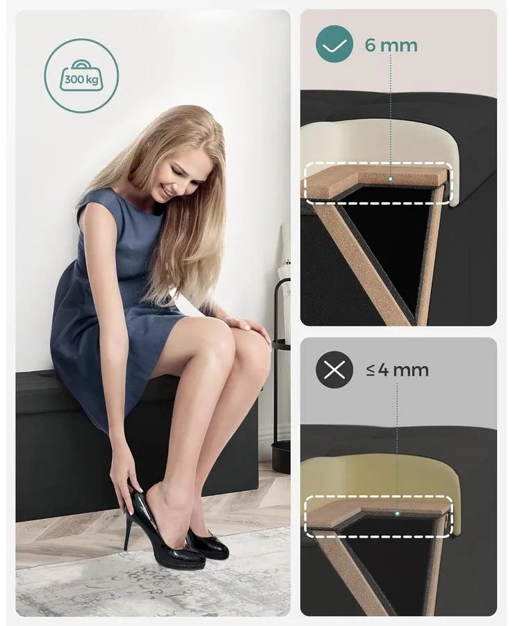 SONGMICS tárolós ülőke – összecsukható pad, 38 × 110 × 38 cm, tinta­fekete színben