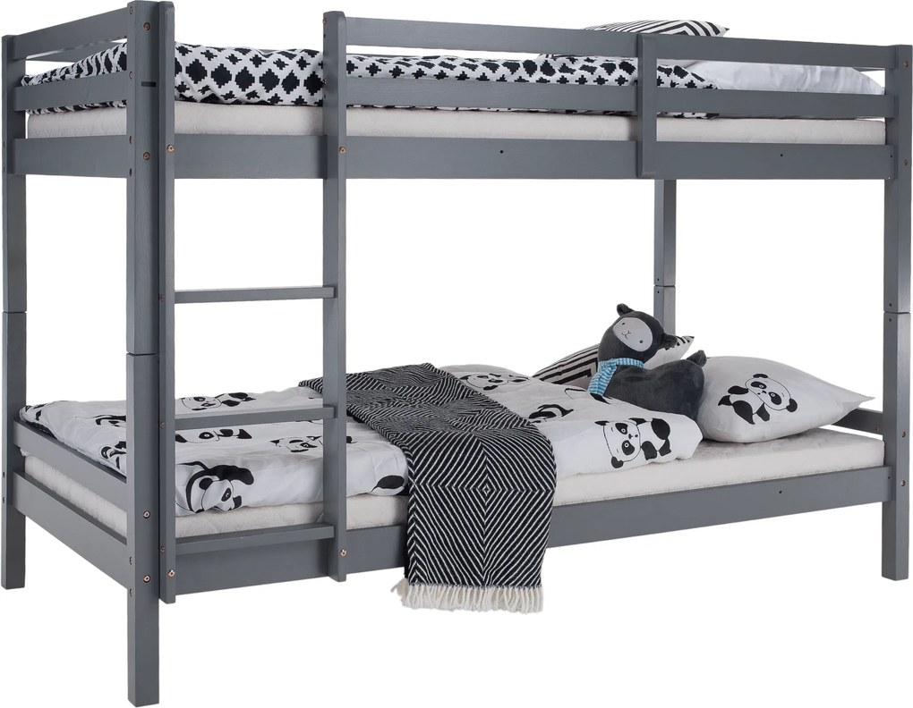 Emeletes ágy, 90x200, tömör fa, szürke, INEZA