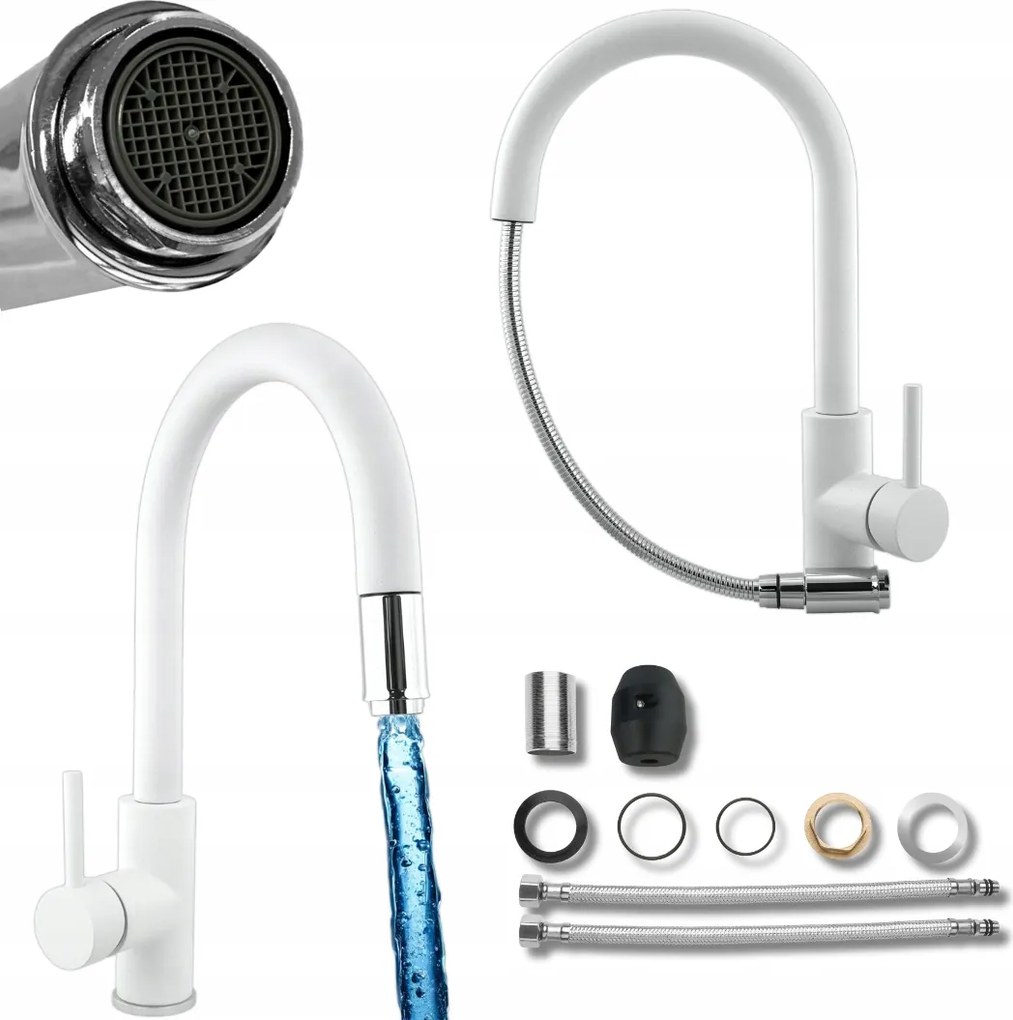 Konyhai csaptelep Kihúzható Kifolyócsővel Fehér Króm Mosogató csaptelep